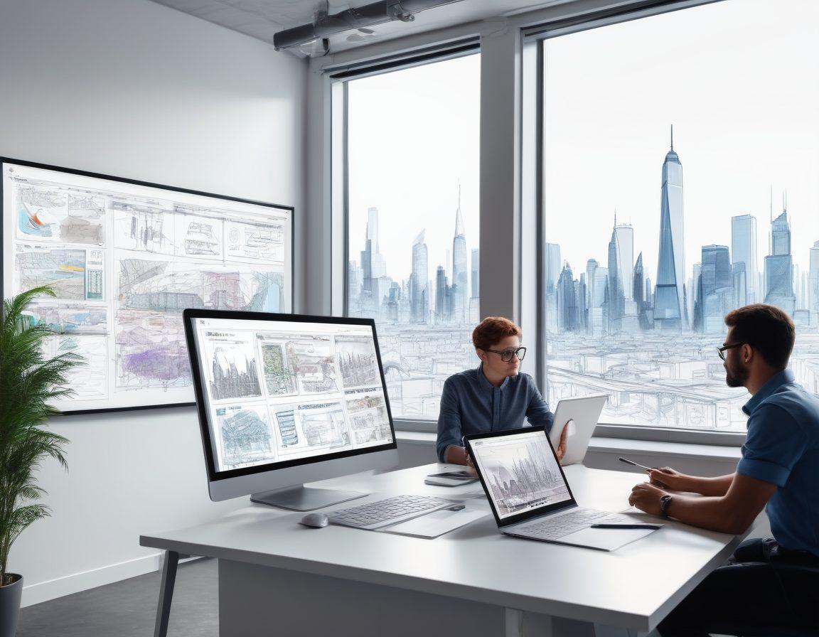 A sleek, modern workspace featuring a digital whiteboard with sketches and wireframes, a clean laptop displaying design software, team members in discussion with various web page mockups on the wall, and a futuristic cityscape outside the window symbolizing launch. Vibrant colors. super-realistic. white background.