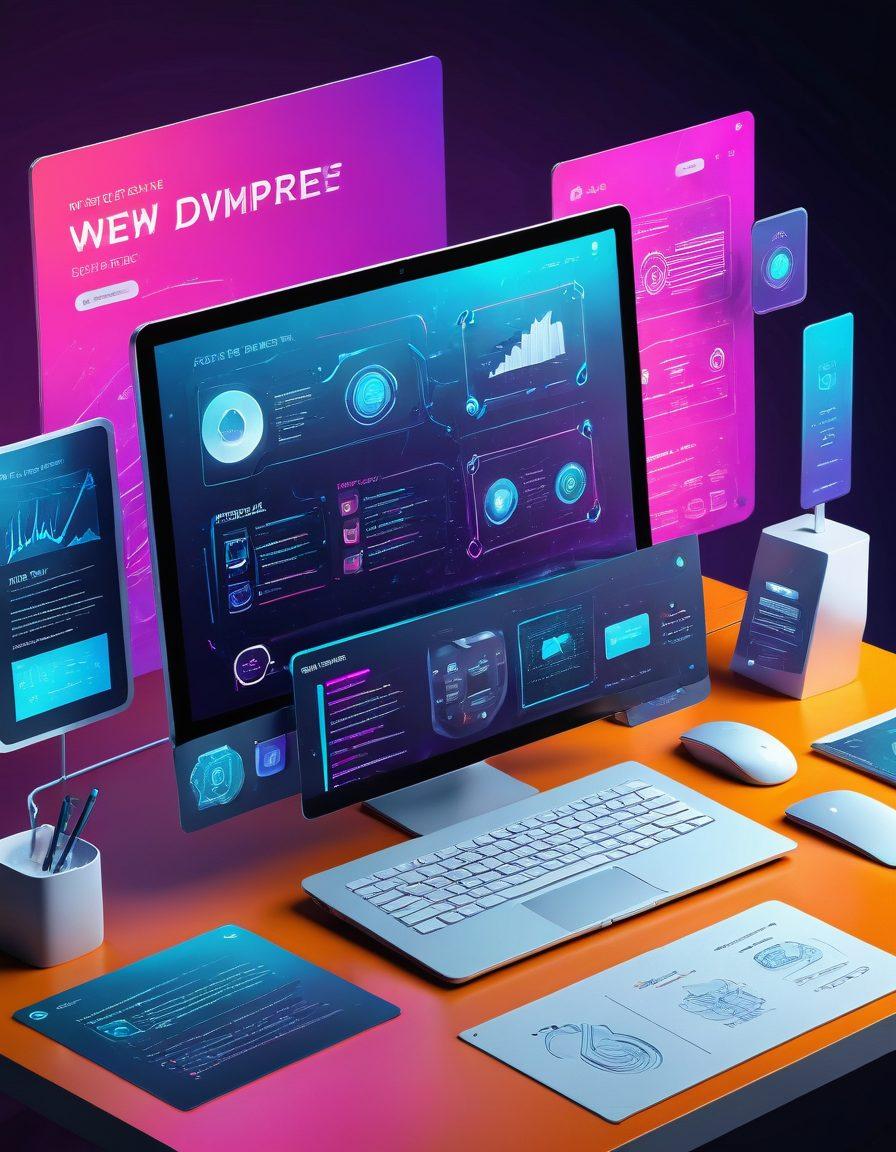 A dynamic web interface displaying seamless integration of modern web development tools and design elements, featuring sleek UI/UX graphics, code snippets, and responsive layout sketches on a digital workspace. Vibrant colors and futuristic design. super-realistic. 3D.